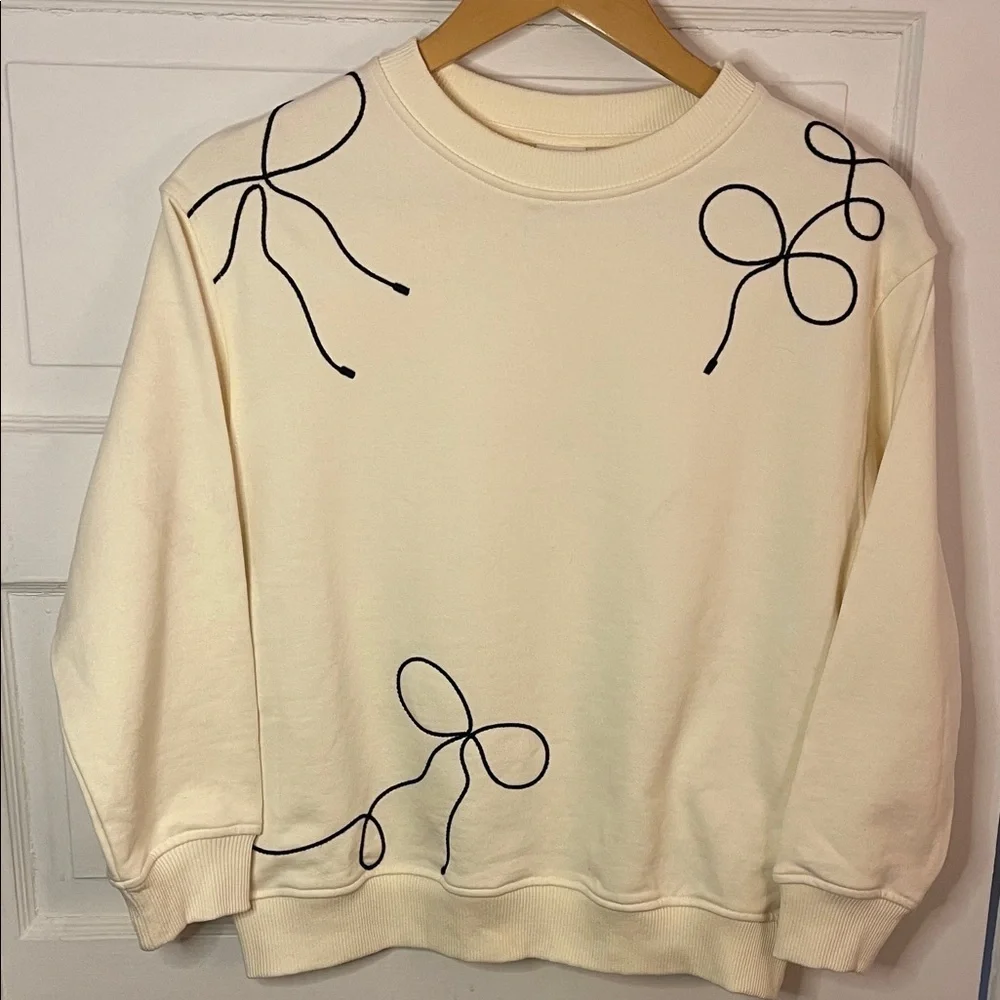 NWT Zara Girls Crewneck Embroidered Bows Pullover Sweatshirt Ivory Sz 11 / 12